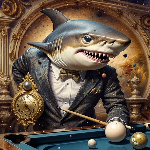 Prompt: (shark in a suit) playing pool, pool cue and ball in front, (F. Scott Hess style), (pop surrealism), enriched classical painting techniques, fine art masterpiece, luminous glass textures, intricate details, vibrant color palette, dynamic composition, warm and inviting ambiance, evoking whimsy and creativity, honoring Nuit, high artistic quality, 4K resolution.