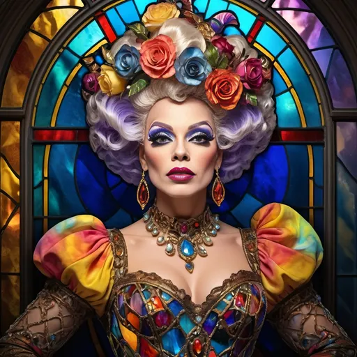 Prompt: (still life portrait), (stained glass artisan drag queen), (baroque style), highly detailed, brilliant colors, psychedelic patterns, intricate glass texture, warm lighting, decorative elements, ornate background, opulent ambiance, luxurious vibe, vivid contrast, ethereal atmosphere, artful composition, 4K quality, ultra-detailed, radiant reflections, artistic masterpiece.