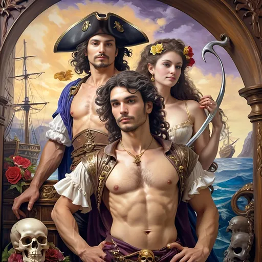 Prompt: (A 7 Wonders Art Glass Studio Renaissance oil painted masterpiece), (Honoring Nuit), pirate man and lover, adorned in detailed pirate costumes reminiscent of Conquistadors, standing confidently together, in front of an intricately designed ship with a skull motif, lush fantasy settings, remarkable (highly detailed), rich color palette, masterful (oil painting), capturing a sense of adventure and romance.