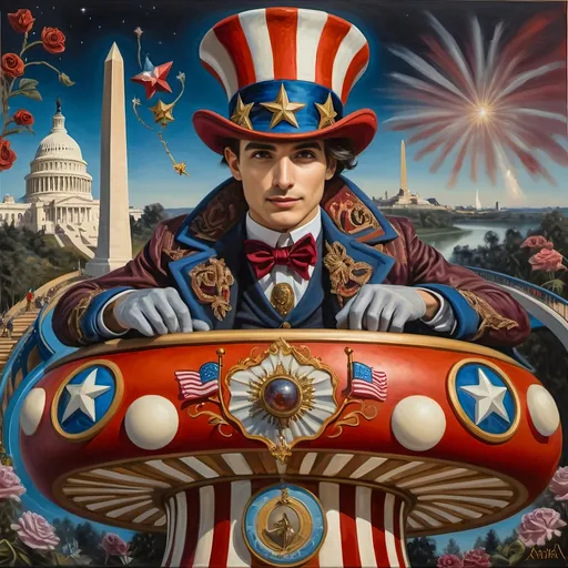 Prompt: (Acrylic painting of a magician man), wearing a (patriotic top hat), joyfully riding a (whimsical rollercoaster) in Liberty Park, with (HD details), vibrant colors, and enchanting motifs. The scene features the (Washington Monument) in the background, as well as the phrase (accurately spelled text "Yankee Doodle"). An aura of celebration and magic surrounds the image, honoring Nuit and the Aeon of Horus.