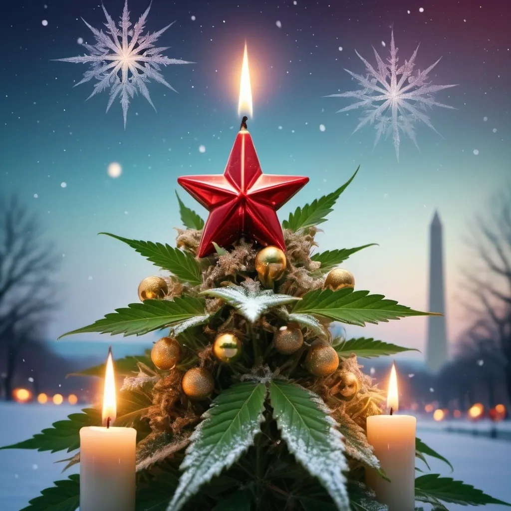 Prompt: a marijuana flowering bud decorated as a christmas tree with candles and a star above it with a snowy landscape in the background and a lit candle with Washington monument