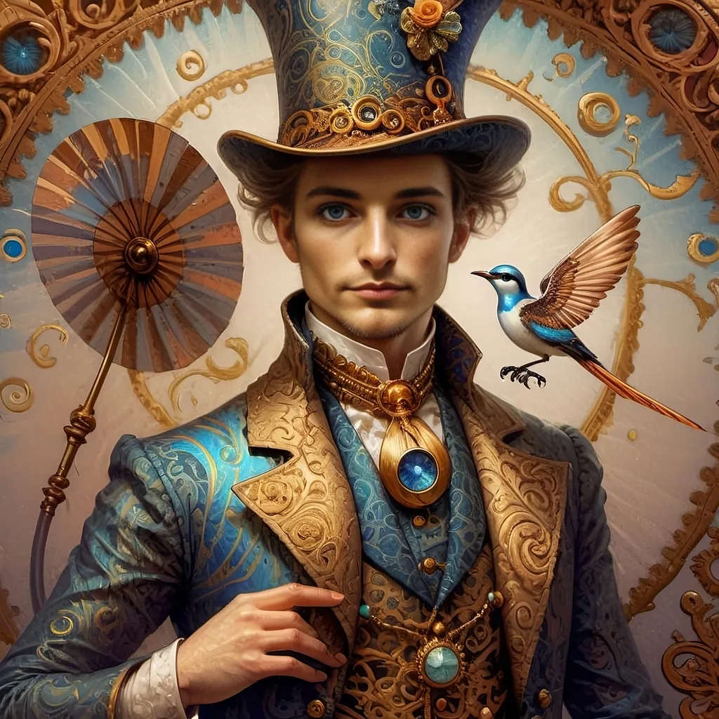 Prompt: a painting of a colorful bird with a circular background and a gold ring around it's neck and a blue eye, Android Jones, psychedelic art, highly detailed digital painting, a detailed painting