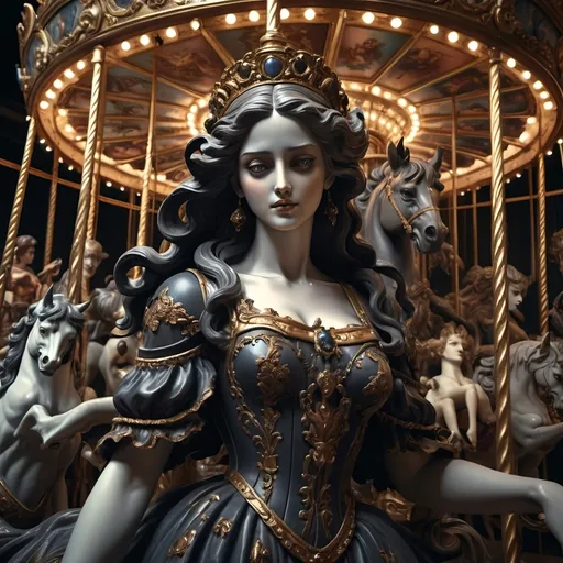 Prompt: (artistic masterpiece) Renaissance style, dark color scheme, (ethereal and somber atmosphere), an intricate carousel featuring Hades surrounded by depictions of diverse humanity, exquisite detailing in sculptures, shadows and light interplay, sense of depth and emotion, rich textures, (ultra-detailed) 4K quality, evocative of classical art, dramatic presentation, hauntingly beautiful background.