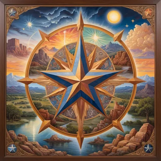 Prompt: (detailed oil painting) a radiant star at the center, surrounded by intricate representations of Texas landscapes and iconic state symbols, harmoniously integrated into a map design, (Evelyn De Morgan inspired) vivid colors, rich textures, highly detailed, showcasing regionalism, capturing the essence of Texas, artful composition, historical richness, and cultural significance, ultra-detailed, vibrant hues, breathtaking atmospheres.