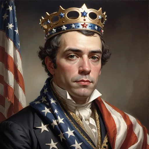 Prompt: a painting of a man wearing a crown and a scarf with stars and stripes on it, with an american flag in the background, Edward Otho Cresap Ord, II, american romanticism, official art, a character portrait