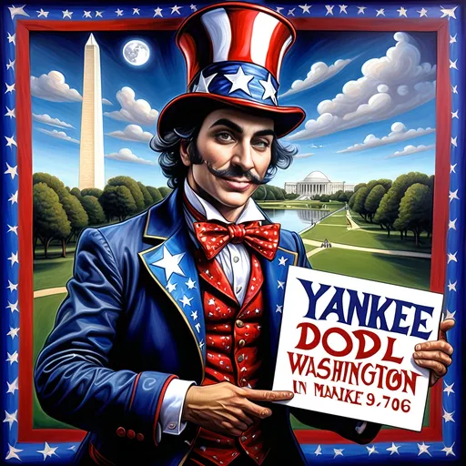 Prompt: A Seven Wonders Art Glass Studio painting of a magician man in a patriotic top hat holding a sign that says Yankee Doodle with a washington monument in the background (Honoring Nuit), Americo Makk, psychedelic art, highly detailed digital art, graffiti art