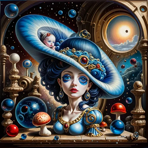 Prompt: (7 Wonders Art Glass Studio masterpiece), oil painting, (honoring Nuit), magical mushroom, blue shell, blue eye (Eye of Horus), vibrant colors, dreamy atmosphere, intricate details, mystical background with swirling galaxies, ethereal glow illuminating the mushroom, (ultra-detailed), high quality, enchanting and enchanting ambiance.