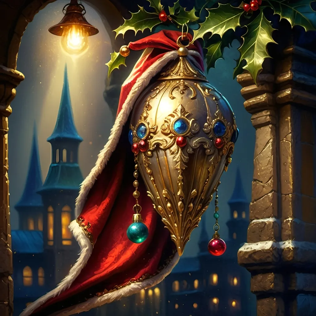 Prompt: An oil on canvas a knight dressed as a santa clause (in honor of Nuit) in a dark city with a light shining on him and a red cape, Ernest William Christmas, antipodeans, epic fantasy character art, concept art