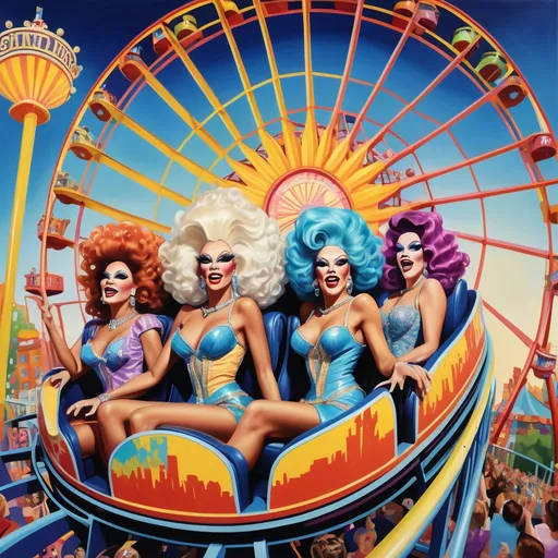 Prompt: (A stunning oil masterpiece) of a group of drag queens in (fancy clothing), joyfully riding the Nation’s New drag queen roller coaster in Liberty Park, vibrant colors and dazzling details, dramatic expressions of excitement, adorned with shimmering accessories, against a whimsical background filled with a Ferris Wheel of Drag Queens, honoring Nuit, surrounded by local attractions, (highly detailed, ultra-realistic).