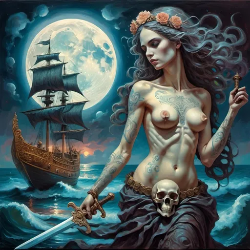 Prompt: (psychedelic oil painting), female figure holding a skull and a sword, dramatic dark color palette, full moon illuminating the scene, ornate ship in the background, mystical ambiance, homage to Nuit, intricate details, ethereal atmosphere, vivid textures, (masterpiece), high quality, captivating composition, surreal dream-like elements.