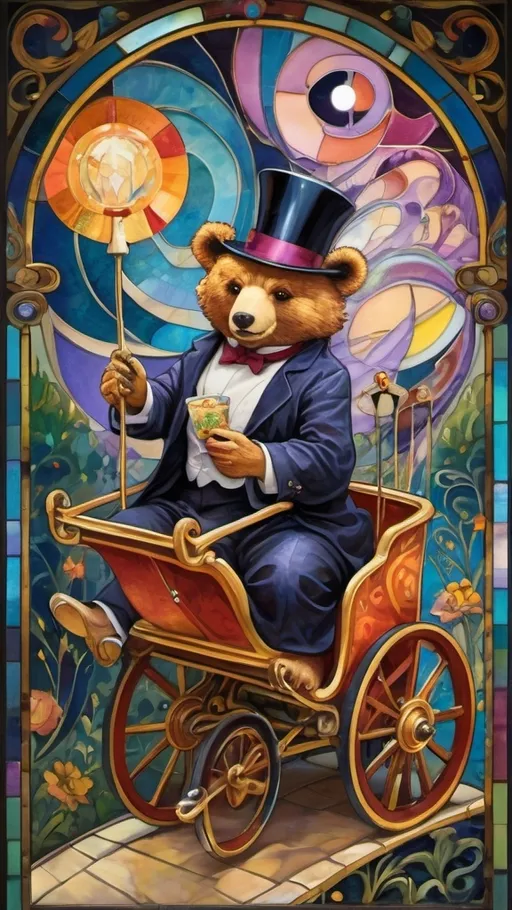 Prompt: Art nouveau painting of a (magician riding a cart shaped like a cub bear), vibrant color scheme, (hallucinogenic swirls) and (patterns), whimsical amusement park ambiance, (constructed from stained glass and porcelain), richly detailed textures, (dreamlike atmosphere), enchanting backdrop filled with colorful attractions, captivating light play, ultra-detailed, imaginative masterpiece.