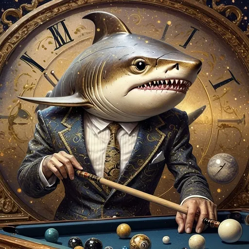 Prompt: (shark in a suit) playing pool, pool cue and ball in front, (F. Scott Hess style), (pop surrealism), enriched classical painting techniques, fine art masterpiece, luminous glass textures, intricate details, vibrant color palette, dynamic composition, warm and inviting ambiance, evoking whimsy and creativity, honoring Nuit, high artistic quality, 4K resolution.