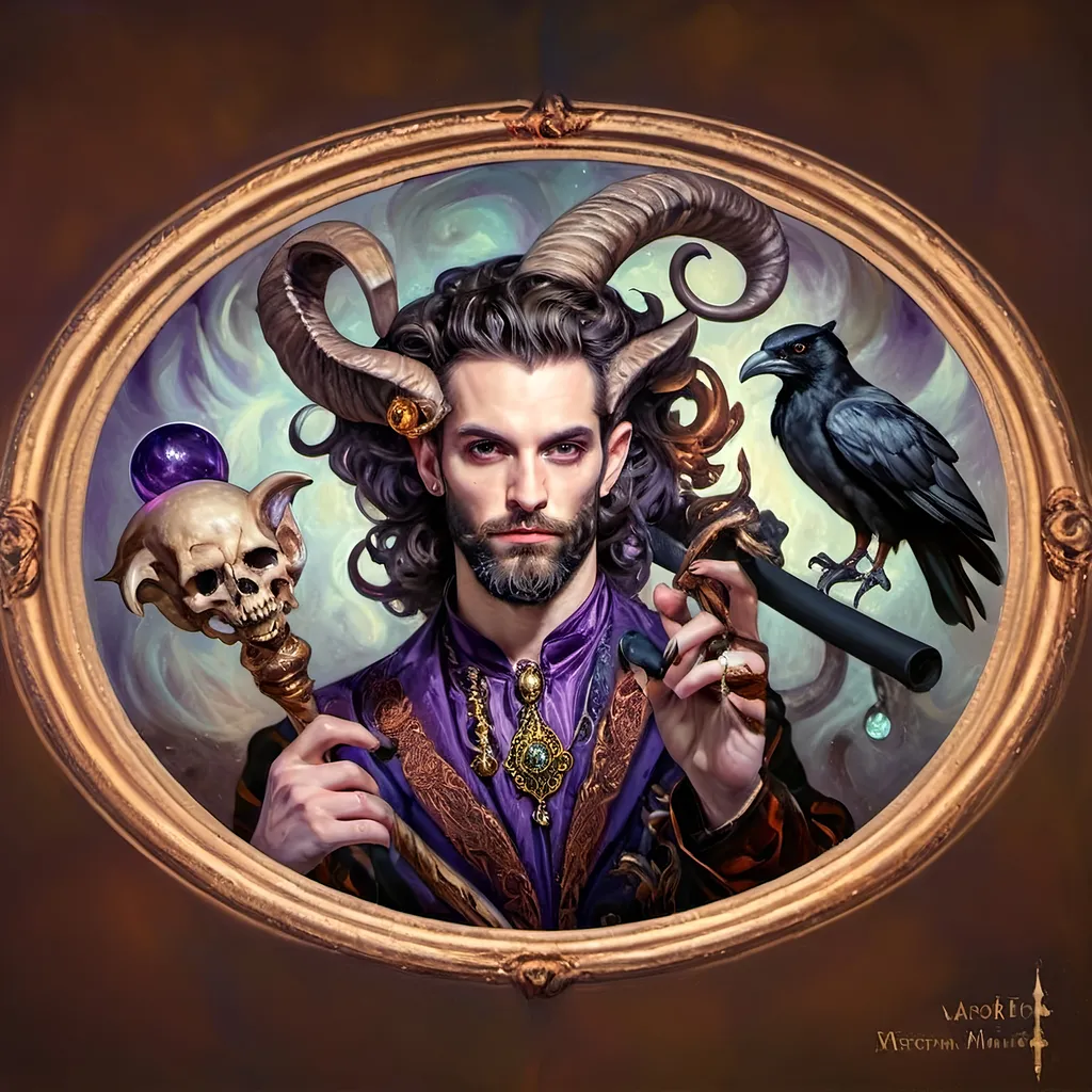 Prompt: a painting of a man magician satyr with horns and a skull in his hand and a crow on his shoulder, with a cane with a scull as orb