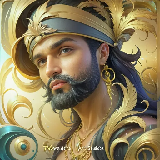 Prompt: a 7 Wonders Art Glass Studio oil painting (honoring Nuit) of a Caribbean pirate with a beard and a headdress on his head and a necklace on his neck, Alejandro Burdisio, qajar art, highly detailed digital painting, a photorealistic painting