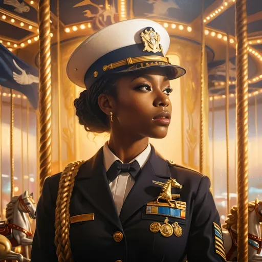 Prompt: (official art), (painting), a striking black woman in navy uniform, sitting gracefully on a carousel horse, vibrant carousel lights sparkling in the background, retro-futuristic details, warm golden tones illuminating the scene, dreamy ambiance full of nostalgia and wonder, afrofuturism elements intricately woven throughout, ultra-detailed, imaginative composition, 4K quality.