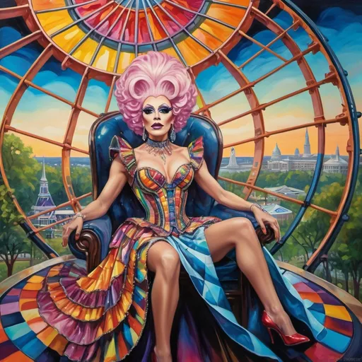 Prompt: (oil painting), psychedelic, (mesmerizing Drag Queen magician), elaborate costume, riding a stunning Ferris Wheel crafted from colorful stained glass, child sitting in lap, drag queen story hour, vibrant and surreal tones, set in D.C.'s Liberty Amusement Park, iconic D.C. monuments in the background, high depth, ultra-detailed, captivating atmosphere, whimsical ambiance, bright color scheme, fantastical elements evoking joy and wonder.