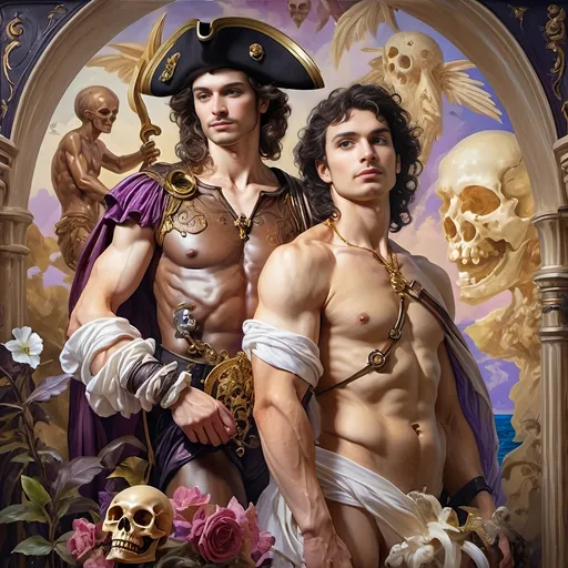 Prompt: (A 7 Wonders Art Glass Studio Renaissance oil painted masterpiece), (Honoring Nuit), pirate man and lover, adorned in detailed pirate costumes reminiscent of Conquistadors, standing confidently together, in front of an intricately designed ship with a skull motif, lush fantasy settings, remarkable (highly detailed), rich color palette, masterful (oil painting), capturing a sense of adventure and romance.