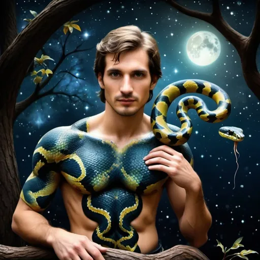 Prompt: (snake on a tree branch), mystical starry sky backdrop, (captivating) pop surrealism style, (highly detailed) digital painting, (airbrush painting technique), intricate textures, ethereal lighting, alluring color palette, deep contrast between night sky and tree textures, enchanting atmosphere, surreal elements throughout, evoking a sense of wonder and tranquility.