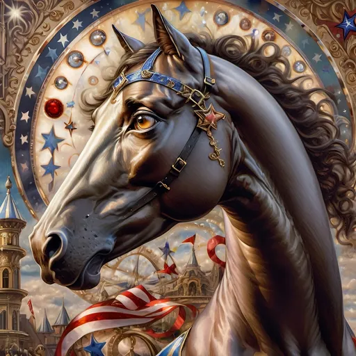 Prompt: A Seven Wonders Art Glass Studio oil painting, (honoring Nuit), portrait of a majestic horse, intricate details, rich golden background, (highly detailed digital painting), (fine art masterpiece), Renaissance style blended with (Art Nouveau) elements, vivid textures, atmospheric lighting, immersively expressive, bold brushwork, graceful lines, drawing the viewer into a magical realm of artistry, exquisite visual elegance.