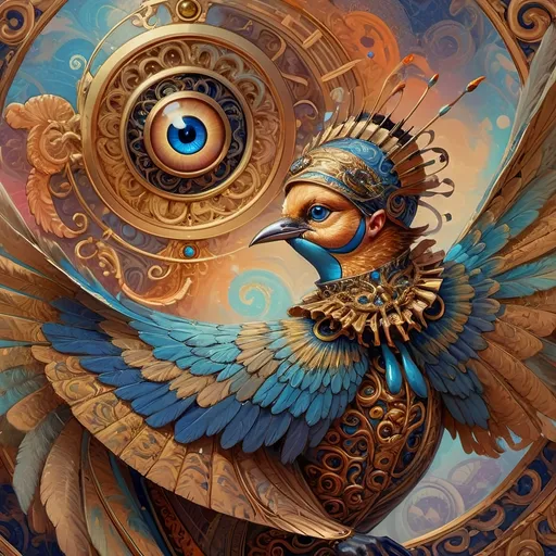 Prompt: a painting of a colorful bird with a circular background and a gold ring around it's neck and a blue eye, Android Jones, psychedelic art, highly detailed digital painting, a detailed painting