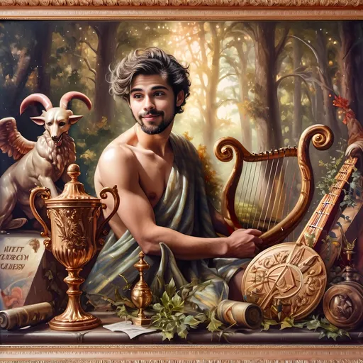 Prompt: (Seven Wonders Art Glass Studio), oil painting, (honoring Nuit), a man with a beard, holding a harp, glass of wine, golden cup beside him, (Ditlev Blunck), neoclassicism, classical painting, Flemish Baroque style, high detail, rich colors, warm glowing light, serene atmosphere, capturing tradition and reverence, elegant background with ethereal elements, ultra-detailed composition, masterful artistry.