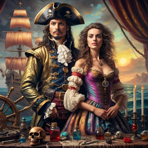 Prompt: (7 Wonders Art Glass Studio) Renaissance (oil painting) masterpiece, capturing the essence of honor and adventure, featuring a detailed portrayal of a pirate man and his lover dressed in Conquistador-era pirate costumes, gracefully posed in front of a majestic ship adorned with a skull, vibrant colors, dramatic lighting, highly detailed, fantastical elements, inspired by David Macaulay, showcasing the rich textures of oil paint, true artistry.