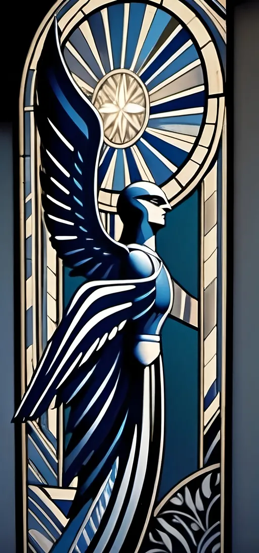 Prompt: A Seven Wonders Art Glass Studio Art Deco designed stained glass window.  Honoring Nuit.  Art Deco designed stained glass pattern of floral honoring Aeon of Horus.