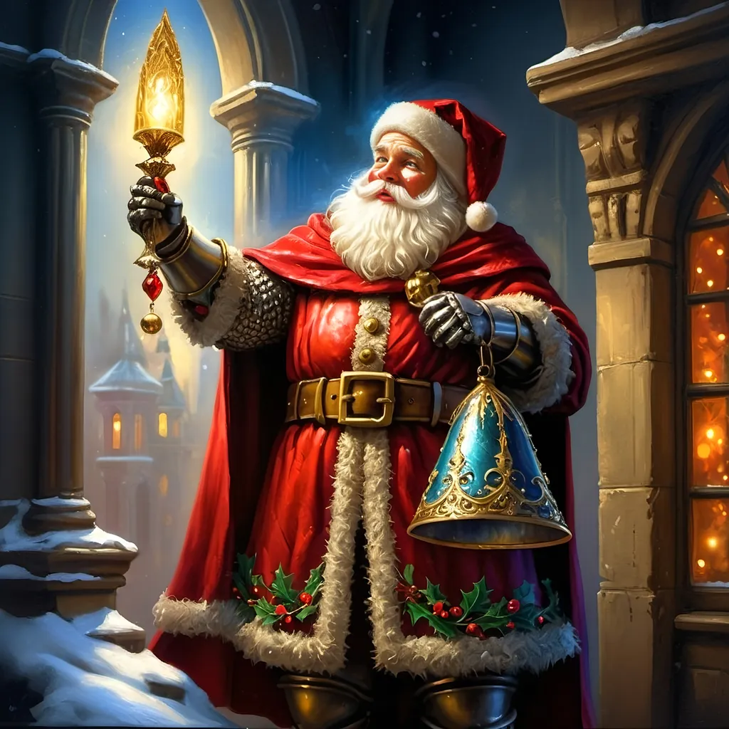 Prompt: An oil on canvas a knight dressed as a santa clause (in honor of Nuit) in a dark city with a light shining on him and a red cape, Ernest William Christmas, antipodeans, epic fantasy character art, concept art