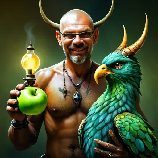 Prompt: a man with a horned head and a bird on his shoulder holding a lamp and a green apple in his hand, Esao Andrews, fantasy art, highly detailed digital painting, a character portrait