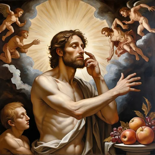 Prompt: Renaissance oil mural (The Creation) featuring up close still life of Adam, face cracking like broken porcelain) and God, Adam saying goodbye spirits set free