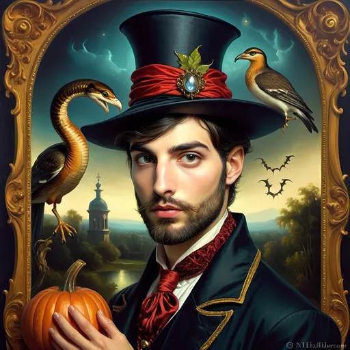 Prompt: (honoring Nuit), captivating handsome man magician with an elegant beard, wearing a pointed witch hat, (renaissance baroque painting style), facial features highlighted in detail, dark mystical background that enhances the allure, rich deep colors creating dramatic contrast, elements of Halloween celebration subtly interwoven, inviting an atmosphere of enchantment and mystery, ultra-detailed, a captivating masterpiece.