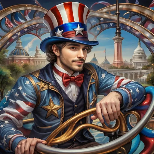 Prompt: (A Seven Wonders Art Glass Studio masterpiece) painting of a man wearing a patriotic hat, (thrilling pose) riding the Freedom rollercoaster, (vibrant colors), scenic background of Freedom Park in D.C., (dynamic movement), celebrating freedom, eternal spark of joy, whimsical ambiance, soft warm lighting, highly detailed, clarity, engaging and joyful atmosphere, surrounded by delighted visitors, landmarks in the distance.