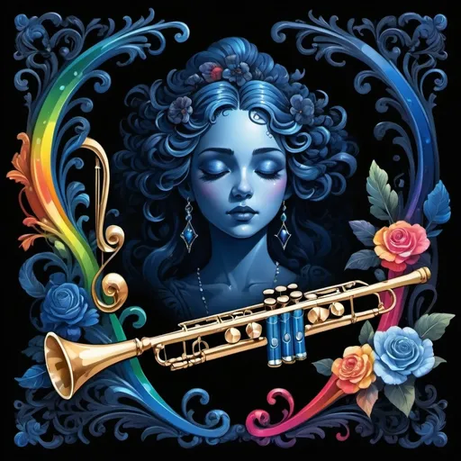 Prompt: Baroque style (rich and ornate elements), dark color scheme (deep blues and blacks), flute with flowing musical notes, vibrant rainbow backdrop, layered effects, (fantasy art), highly detailed digital art, intricate textures, storybook illustration quality, dramatic shadowing, whimsical atmosphere, enchanting, emotional depth, harmonious composition, captivating visual narrative.