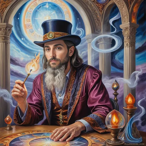 Prompt: Renaissance oil masterpiece, (inspired by the Seven Wonders Art Glass Studio), depicting a magician summoning wisdom from the High Priestess tarot card, enchanting ambiance, intricate details, rich and vibrant colors, mystical lighting, ornate backdrop, complex textures, (tarot-themed art), a celebration of intuition, balancing darkness and light, ultra-detailed HD painting, honoring Nuit in the serene atmosphere of divination.