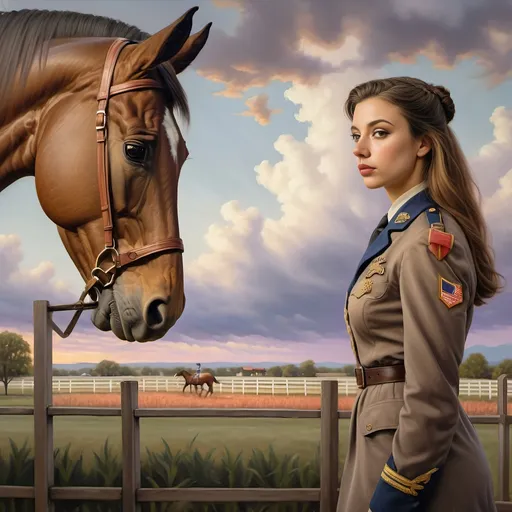 Prompt: (Honoring Nuit), highly detailed (oil painting), thoroughbred horse (majestic posture) on a Kentucky farm, stunning evening dusk lighting, soft illuminated clouds, warm hues of orange and purple blending over fields, rich textures of horse's coat, serene rural landscape (tranquil atmosphere), lush greenery in the background, ultra-detailed, artistic masterpiece showcasing equine beauty at sunset.