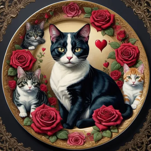 Prompt: (ultrafine detailed painting) queen of hearts, surrounded by (graceful cats), (lush roses), and roses elegantly arranged on a decorative plate with a playful cat on it, (gothic art style), vibrant colors blending into intricate patterns, moody and enchanting atmosphere, high-definition, showcasing romanticism and rich textures in a visually stunning digital masterpiece.