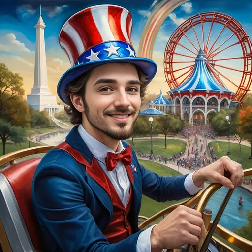 Prompt: (A Seven Wonders Art Glass Studio masterpiece) painting of a man wearing a patriotic hat, (thrilling pose) riding the Freedom rollercoaster, (vibrant colors), scenic background of Freedom Park in D.C., (dynamic movement), celebrating freedom, eternal spark of joy, whimsical ambiance, soft warm lighting, highly detailed, clarity, engaging and joyful atmosphere, surrounded by delighted visitors, landmarks in the distance.