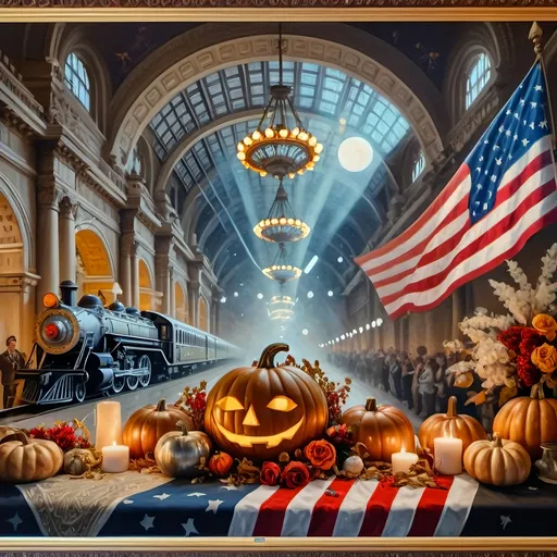 Prompt: (painting of (Honoring Nuit) with Union Station, Washington D.C.), (psychedelic style), (dark color scheme), (patriotic ambiance), Fall Equinox theme, pumpkins scattered artistically, train on tracks, large flag fluttering, ultra-detailed still life, reminiscent of museum quality, Renaissance and Baroque influences, rich textures, layered brushwork, evocative lighting, captivating composition, 4K quality.