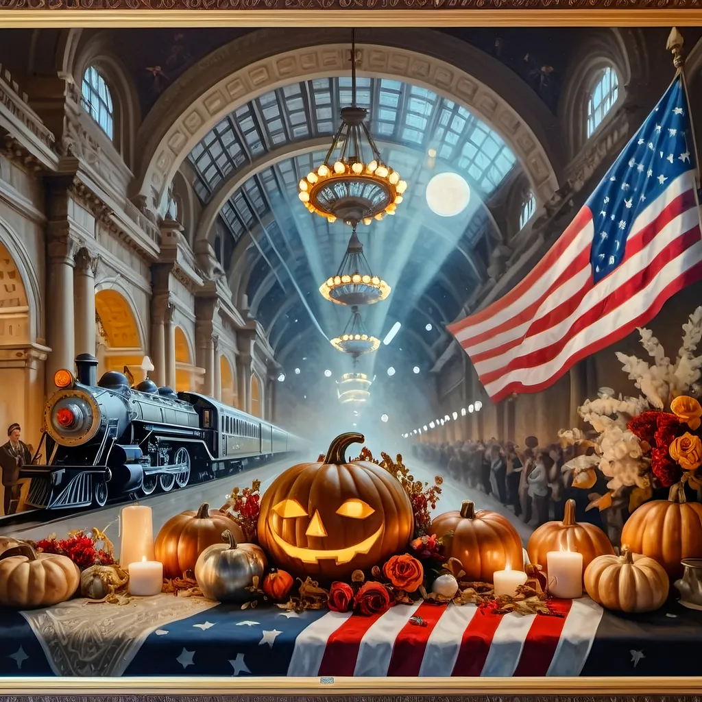 Prompt: (painting of (Honoring Nuit) with Union Station, Washington D.C.), (psychedelic style), (dark color scheme), (patriotic ambiance), Fall Equinox theme, pumpkins scattered artistically, train on tracks, large flag fluttering, ultra-detailed still life, reminiscent of museum quality, Renaissance and Baroque influences, rich textures, layered brushwork, evocative lighting, captivating composition, 4K quality.