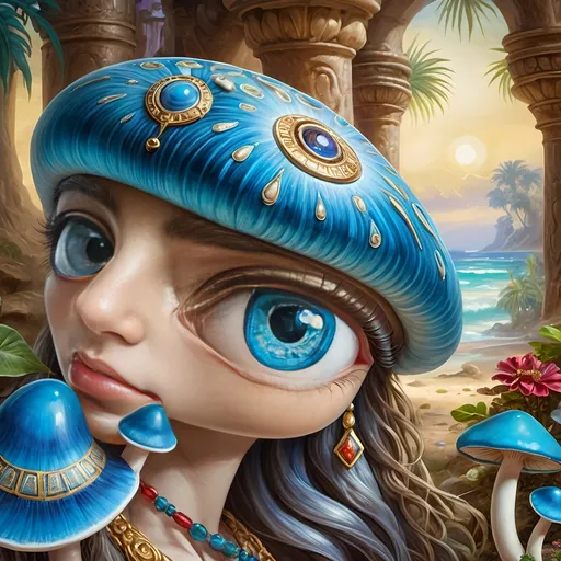 Prompt: (7 Wonders Art Glass Studio masterpiece oil painting), a magical mushroom, blue shell, blue eye (Eye of Horus), enchanting atmosphere, vibrant colors, surreal details, whimsical elements, mystical background, soft lighting, HD resolution, captivating composition, dreamlike surroundings, colorful expression, intricate textures, nature-inspired themes, rich artistic depth, alive with creativity.