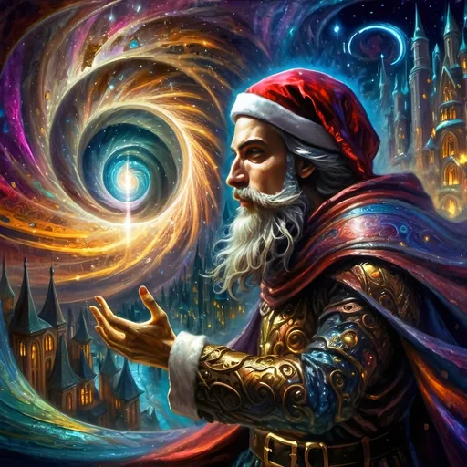 Prompt: (Edgy) oil painting of a knight dressed as Santa Claus (in honor of Nuit), dynamic vibrant colors, dark city background illuminated by a glowing light, flowing red cape, whimsical and surrealistic vibe, imaginative playfulness, influences of Ernest William Christmas, epic fantasy character art, vibrant psychedelic style, ultra-detailed texture, concept art composition, high-quality masterpiece, artistic themes of juxtaposition, drama, and enchantment.