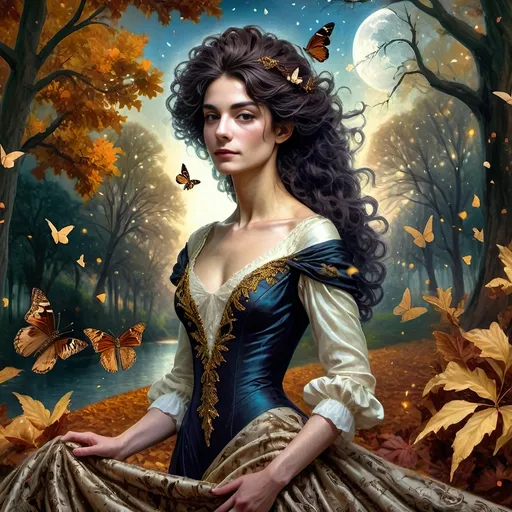 Prompt: (Honoring Nuit, Autumn Equinox), (Renaissance style), woman depicted as nature, flowing dress, butterfly in hair, rich and dark color palette, lush foliage backdrop, mood of serenity and mystery, intricate details in hair and dress, soft chiaroscuro lighting, evocative atmosphere, ultra-detailed, masterful composition, capturing the essence of autumn transition.