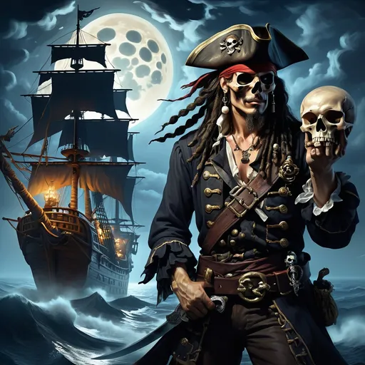 Prompt: a oil masterpiece painting of a pirate from Seven Wonders Art Glass Studio holding a skull and a sword in front of a ship with a full moon honoring Nuit.