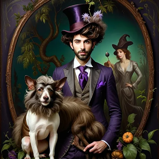 Prompt: (honoring Nuit), moon and stars) captivating handsome man magician, pointed witch hat, facial features highlighted, elegant beard, (renaissance baroque painting style), dark mystical background, rich deep colors with dramatic contrast, elements of Halloween celebration in still life arrangement, enigmatic ambiance, intricate shadows and light, (highly detailed), evoking intrigue and enchantment.