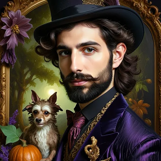 Prompt: (honoring Nuit), moon and stars) captivating handsome man magician, pointed witch hat, facial features highlighted, elegant beard, (renaissance baroque painting style), dark mystical background, rich deep colors with dramatic contrast, elements of Halloween celebration in still life arrangement, enigmatic ambiance, intricate shadows and light, (highly detailed), evoking intrigue and enchantment.