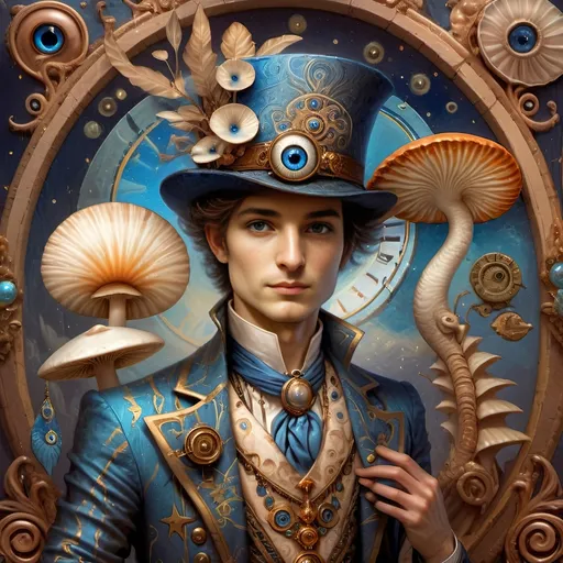 Prompt: (7 Wonders Art Glass Studio masterpiece), oil painting, (honoring Nuit), magical mushroom, (vibrant blue shell), (striking blue eye), Eye of Horus, rich textures, dreamy atmosphere, whimsical background, stars and cosmic elements, (ethereal lighting), enchanting details, high-quality, ultra-detailed composition, surreal and imaginative style.