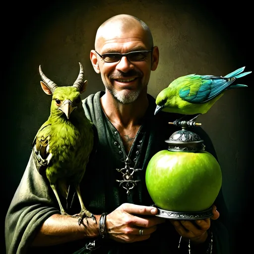 Prompt: (renaissance style), dark color scheme, a man with a horned head, a bird perched on his shoulder, holding a lamp in one hand, a green apple in the other, inspired by Esao Andrews, (highly detailed), fantasy art, character portrait, intricate details, rich textures, dramatic lighting, moody ambiance, ultra-detailed digital painting.