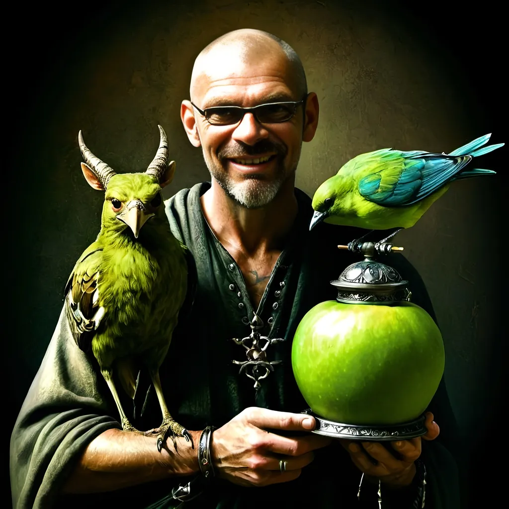 Prompt: (renaissance style), dark color scheme, a man with a horned head, a bird perched on his shoulder, holding a lamp in one hand, a green apple in the other, inspired by Esao Andrews, (highly detailed), fantasy art, character portrait, intricate details, rich textures, dramatic lighting, moody ambiance, ultra-detailed digital painting.