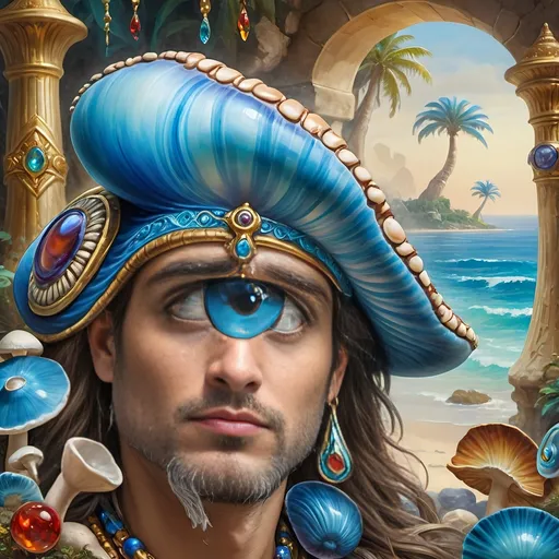 Prompt: (7 Wonders Art Glass Studio masterpiece oil painting), a magical mushroom, blue shell, blue eye (Eye of Horus), enchanting atmosphere, vibrant colors, surreal details, whimsical elements, mystical background, soft lighting, HD resolution, captivating composition, dreamlike surroundings, colorful expression, intricate textures, nature-inspired themes, rich artistic depth, alive with creativity.