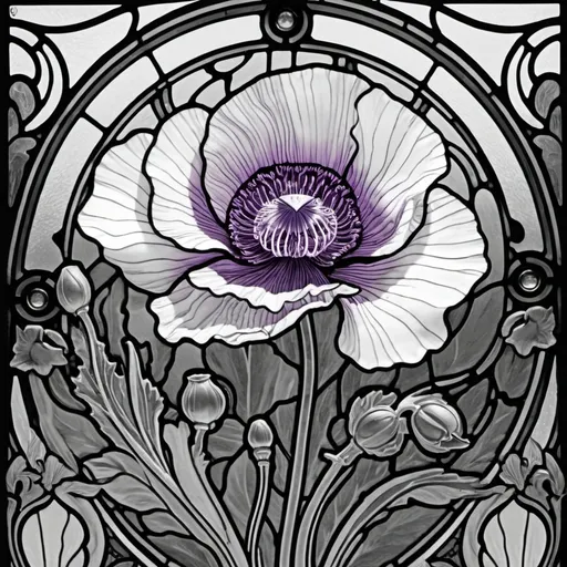 Prompt: A Seven Wonders Art Glass Studio Art Nouveau designed stained glass window with poppy flowers and a line drawing of flowers in the middle, Alfonse Mucha, art nouveau, line art, lineart.  (Honoring the Aeon of Horus).